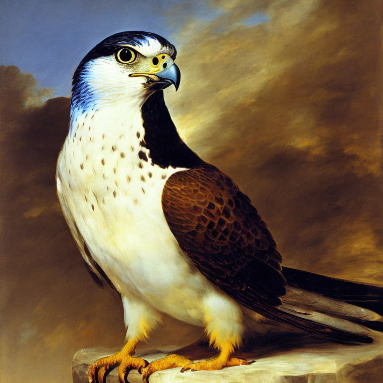 Detailed painting of a perched peregrine falcon with white speckled chest and yellow