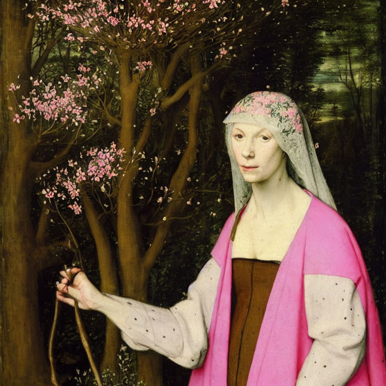 Renaissance painting of serene woman in pink shawl by blooming tree