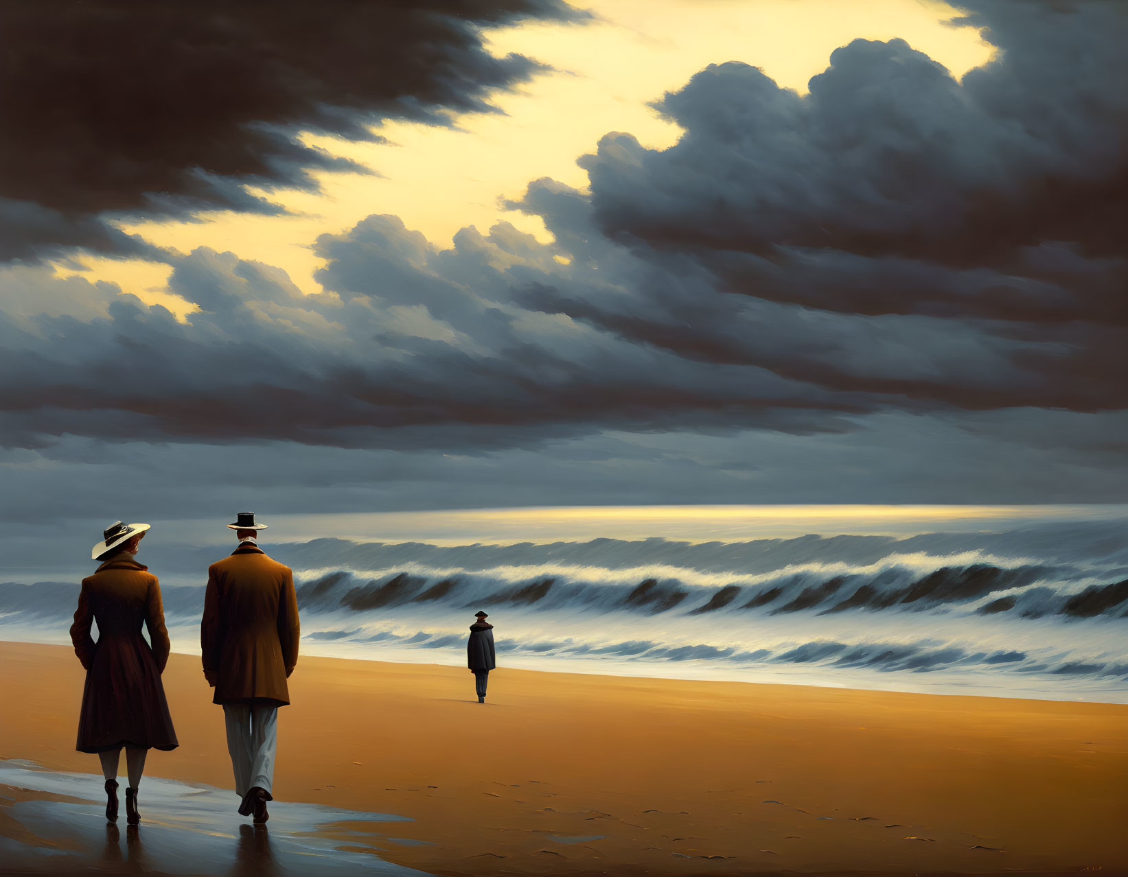 Vintage Attired Couple Walking on Beach with Child and Stormy Sky