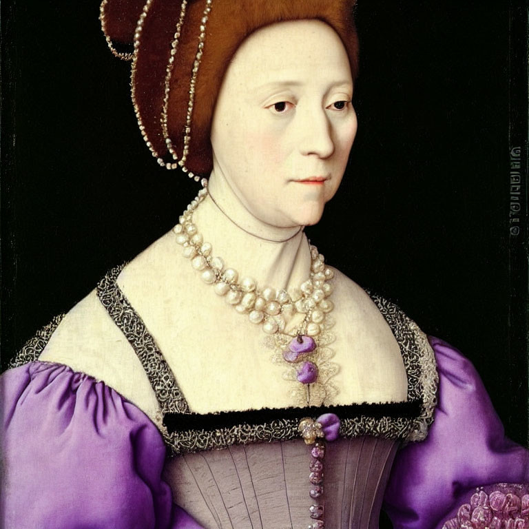 Historical era portrait of woman in purple dress with pearl necklace