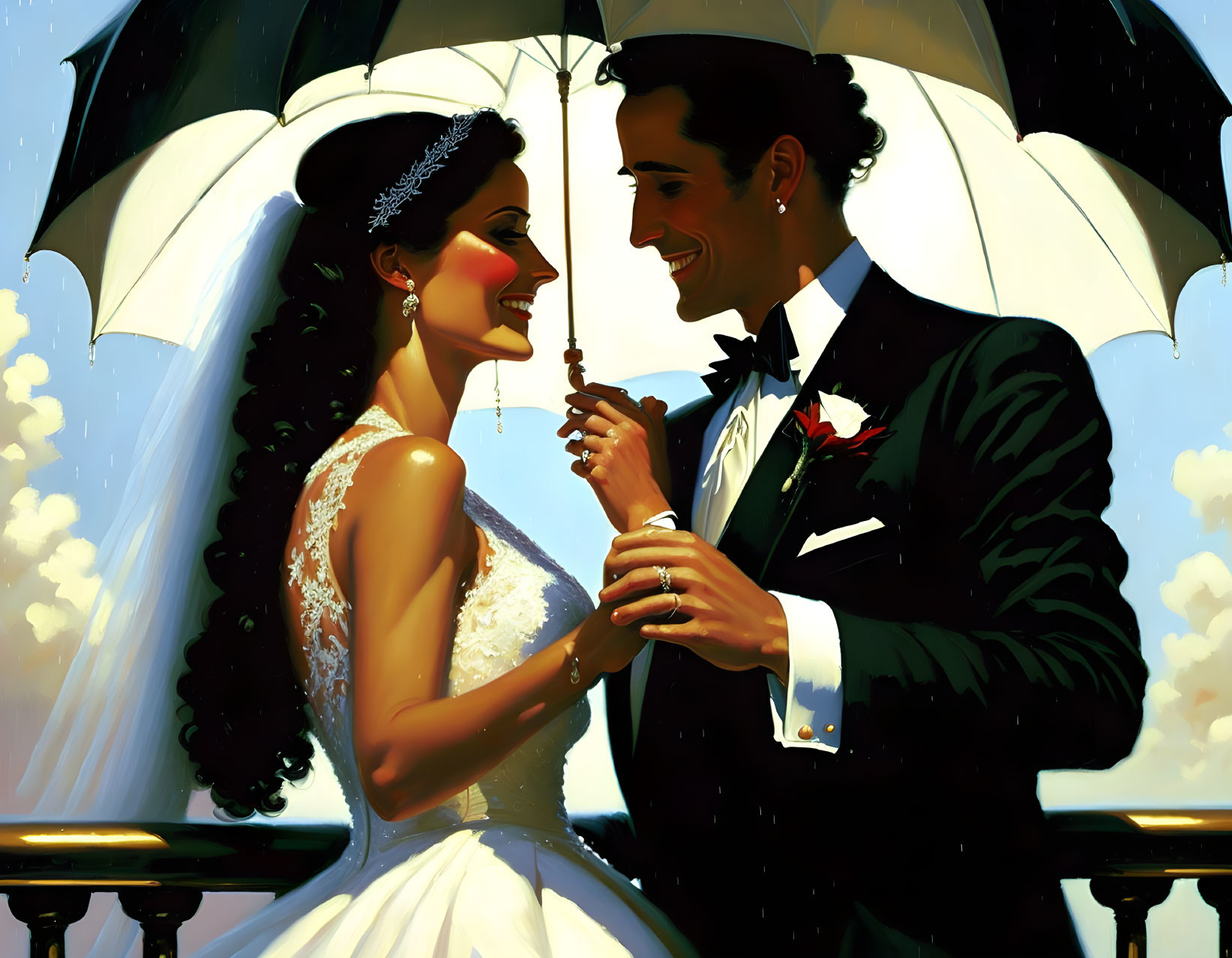 Bride and groom silhouette under umbrella against blue sky