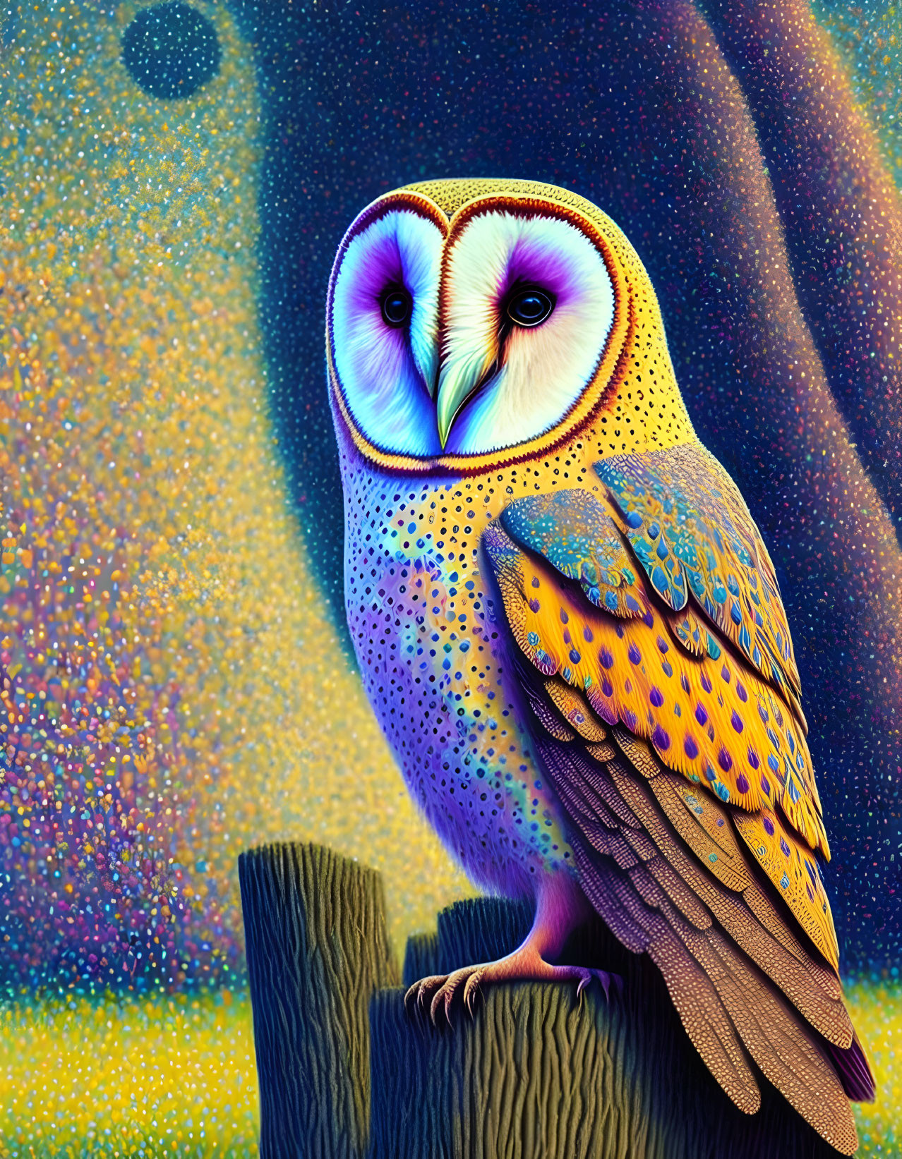 Colorful Owl Perched on Stump with Cosmic Background