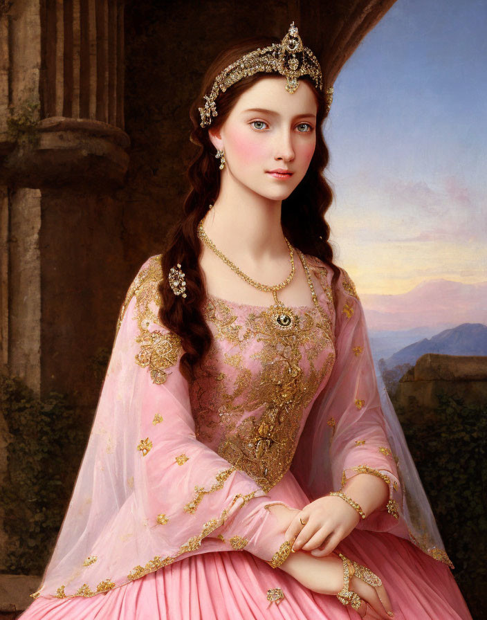 Historical woman portrait in tiara, gold jewelry, pink gown.