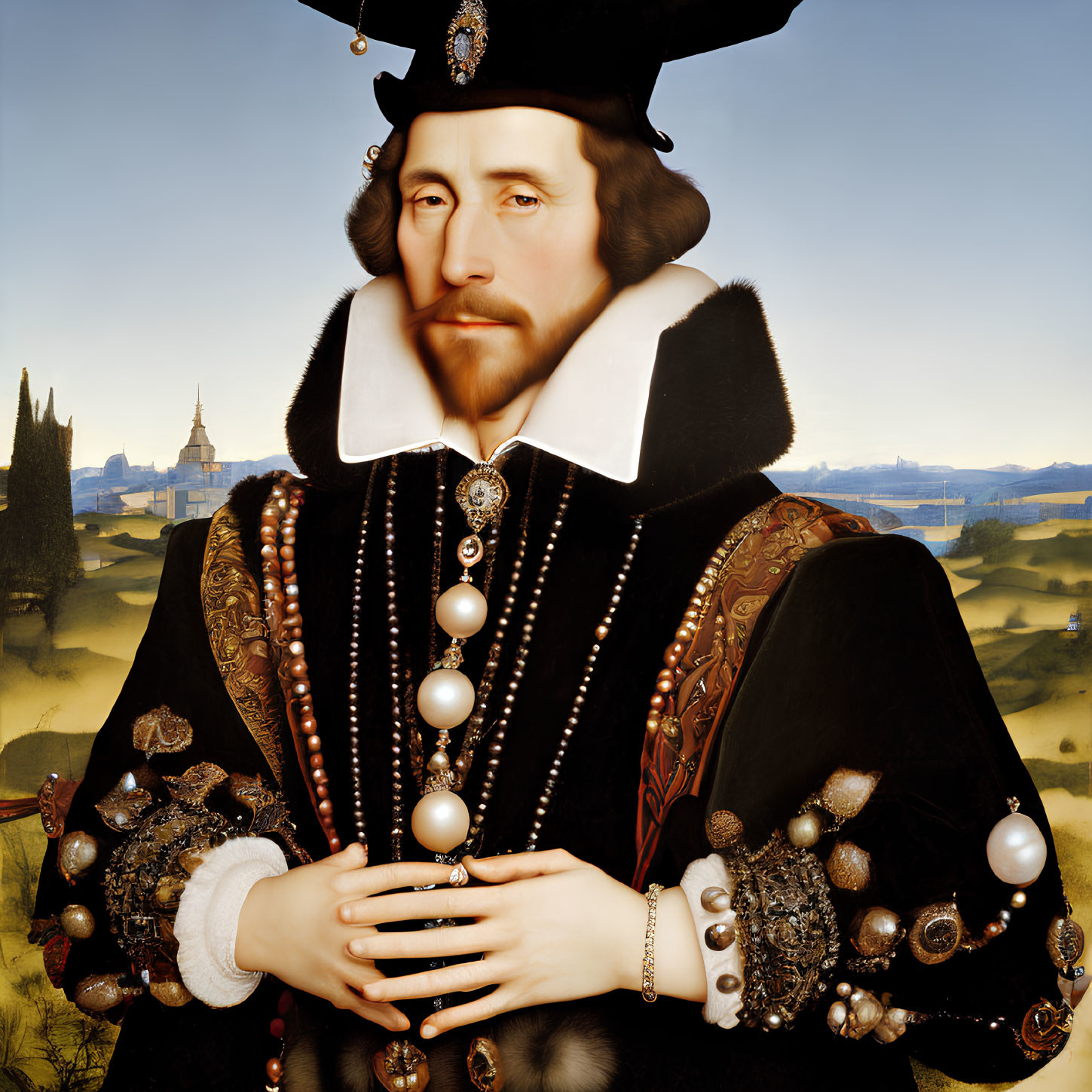 Renaissance-era man portrait in ornate attire and landscape background