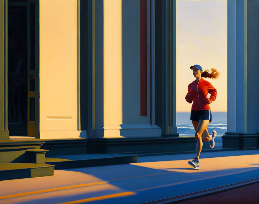 Woman jogging past classical columns in warm sunlight.