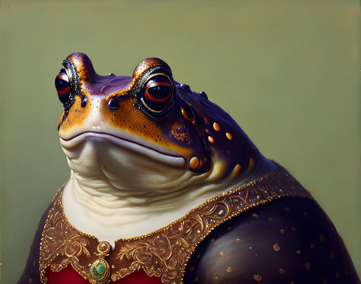 Detailed frog in renaissance attire on green background