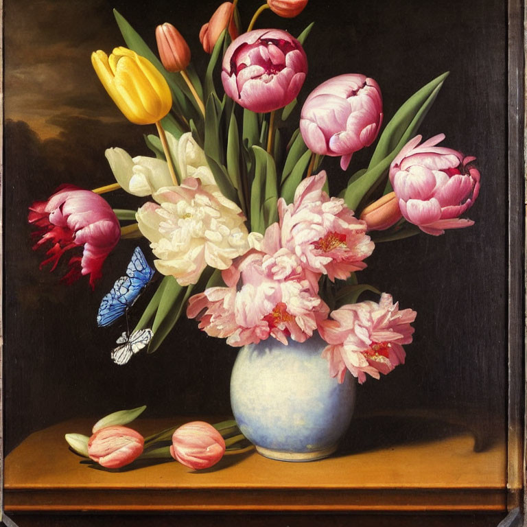 Vibrant tulips and peonies in blue vase with butterfly - Still-life painting