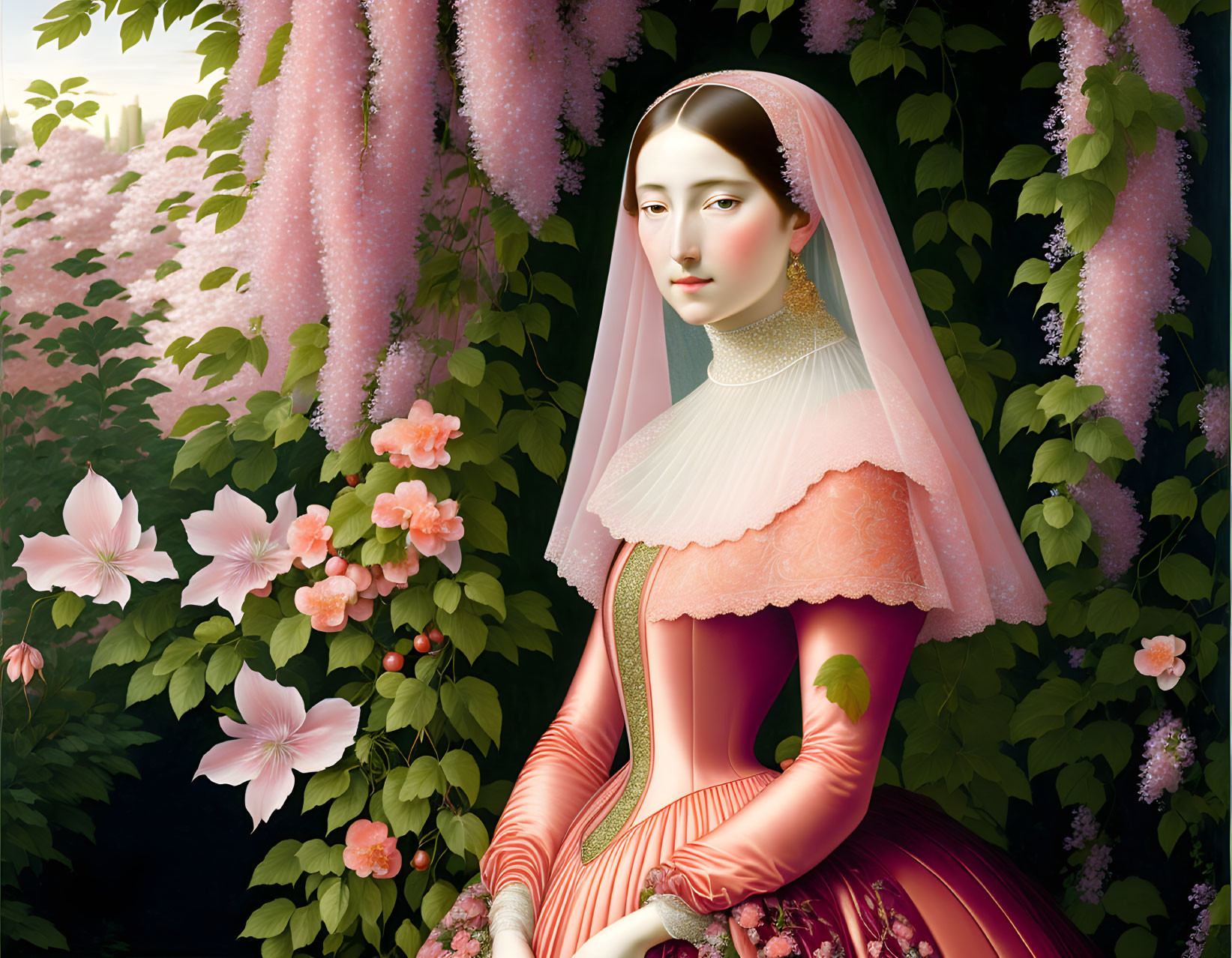 Woman in Pink Renaissance Dress Surrounded by Flowers and Wisteria