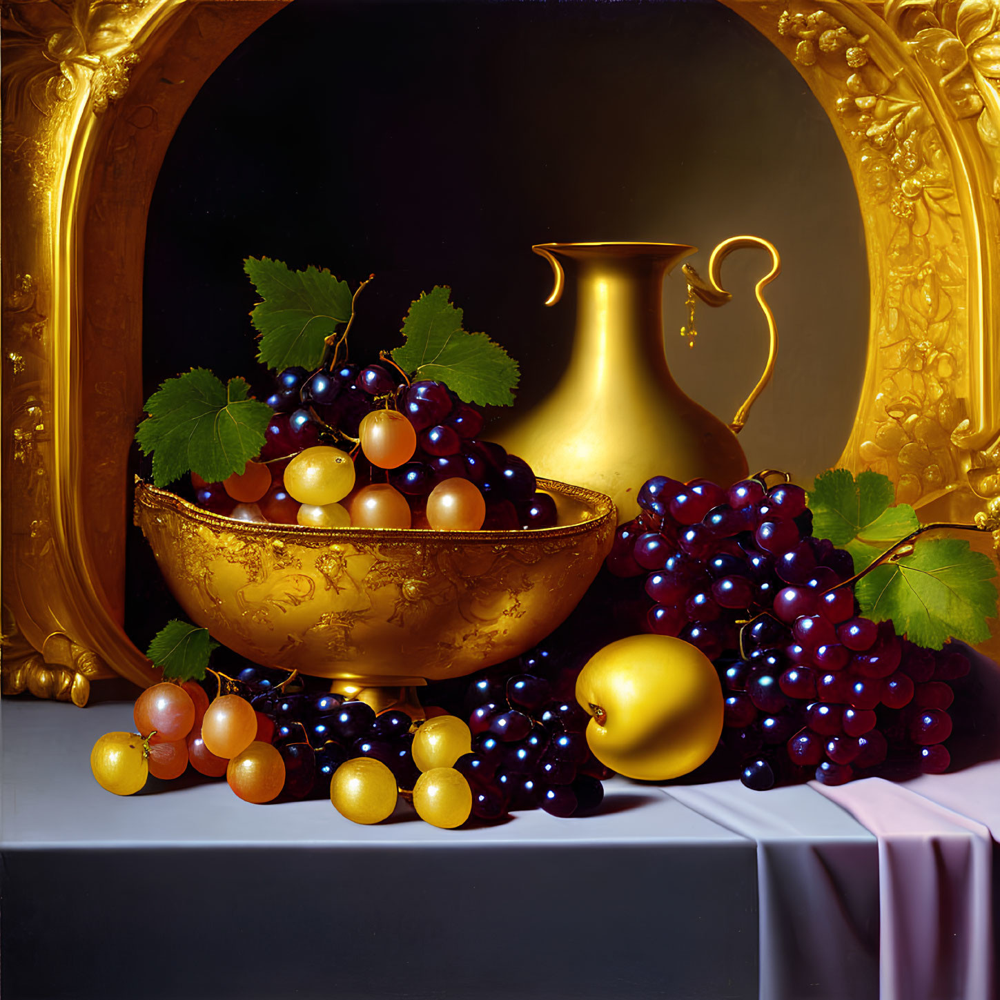 Golden bowl, jug, fruits, and ornate frame in still life.