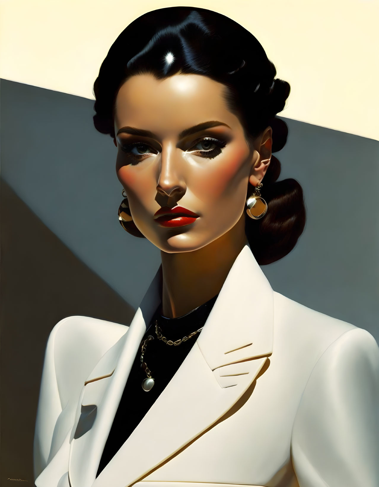 Dark-haired woman in vintage fashion with white blazer, earrings, and necklace on two-tone background