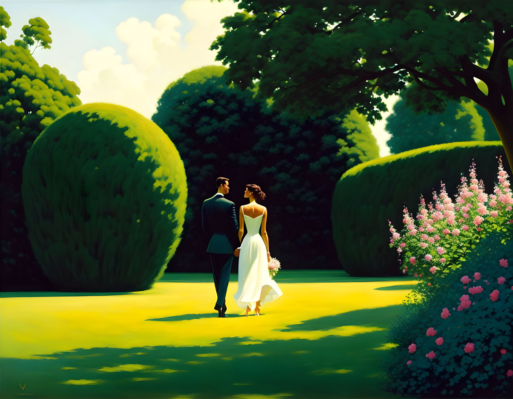 Formal attire couple in lush garden with sculpted hedges and flowers