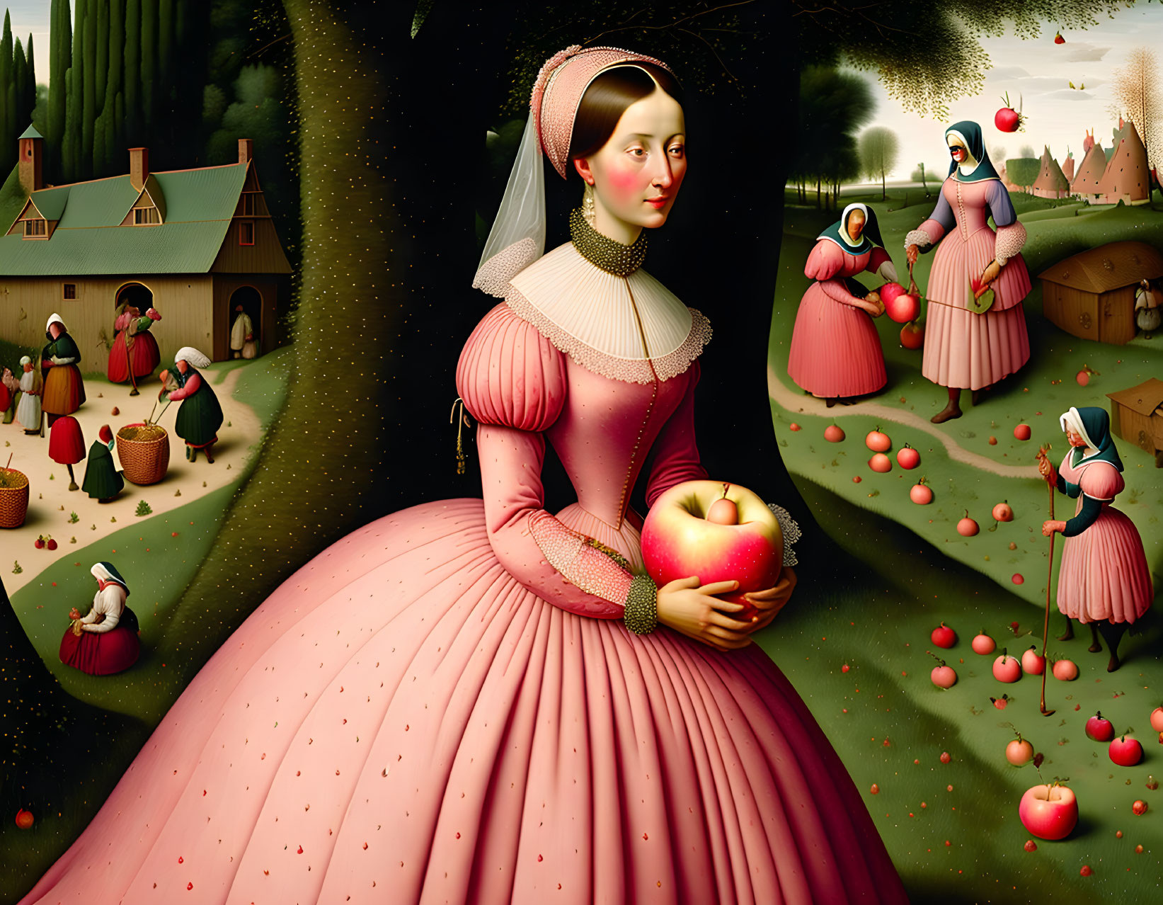 Surreal painting of woman in pink dress with oversized apple and smaller figures in stylized orchard