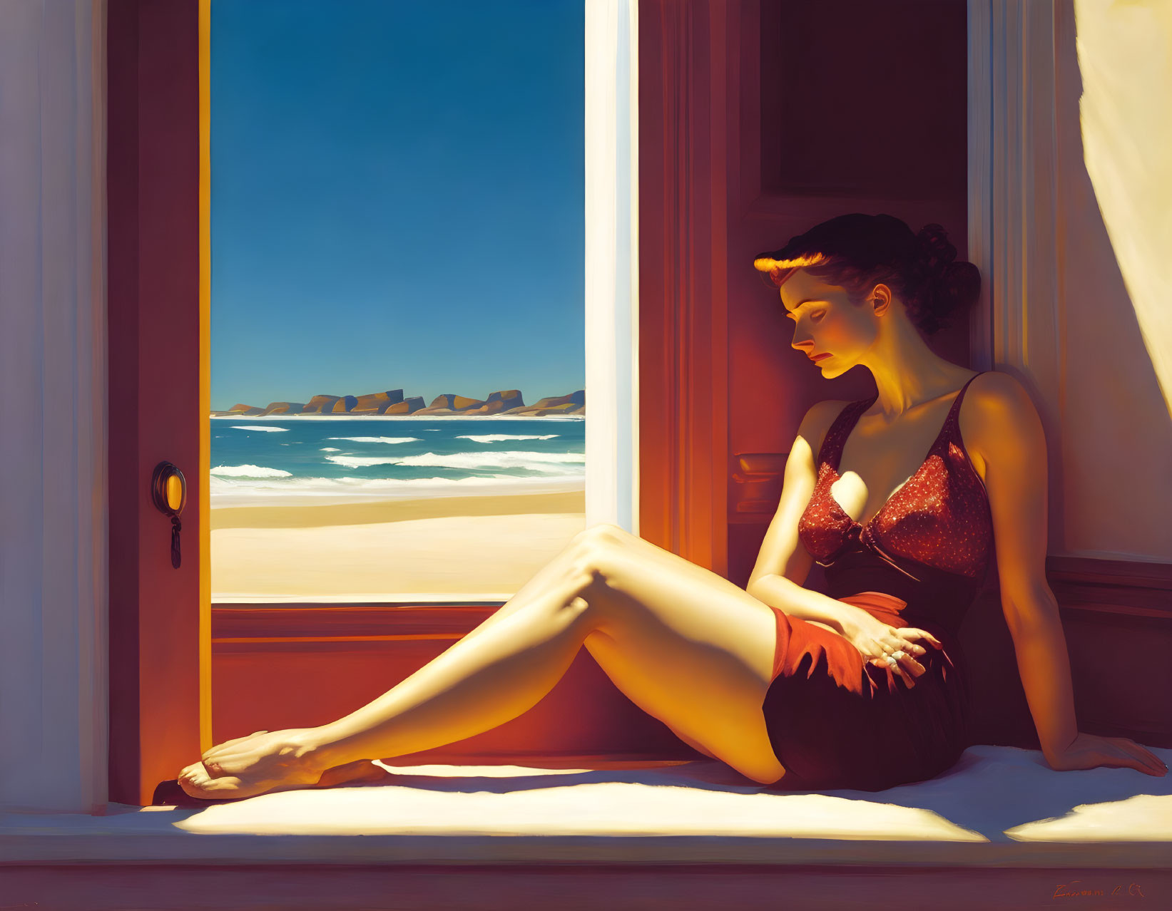 Woman in Red Dress Sitting by Open Door Overlooking Beach and Blue Sky