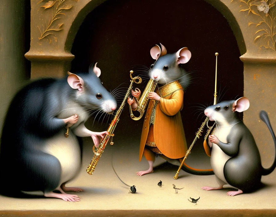 Anthropomorphized mice playing saxophone, flute, and bassoon with dancing smaller mice