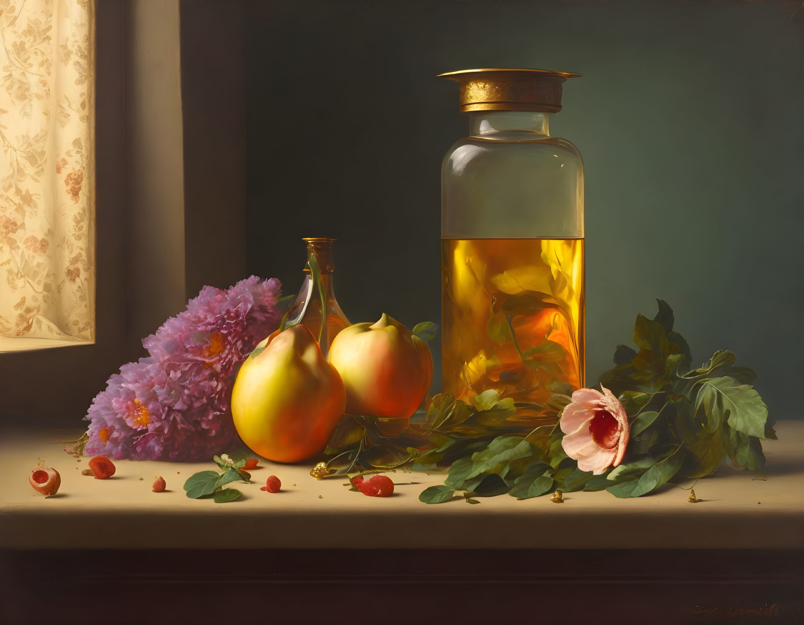 Still life painting with glass bottle, fruits, flowers, and petals on window ledge