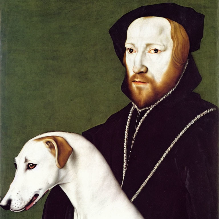 Renaissance-era portrait of man with black hat and cloak next to white dog