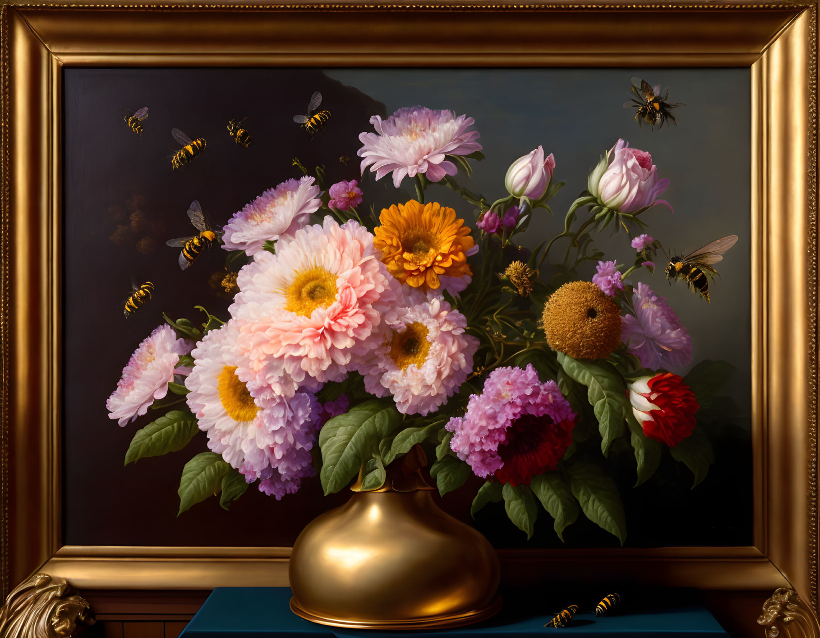 Colorful floral still-life painting with bees in golden vase and ornate frame