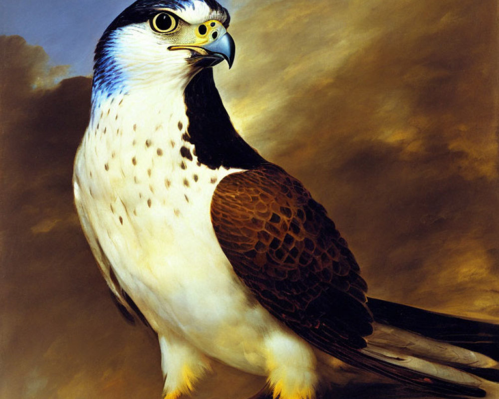 Detailed painting of a perched peregrine falcon with white speckled chest and yellow