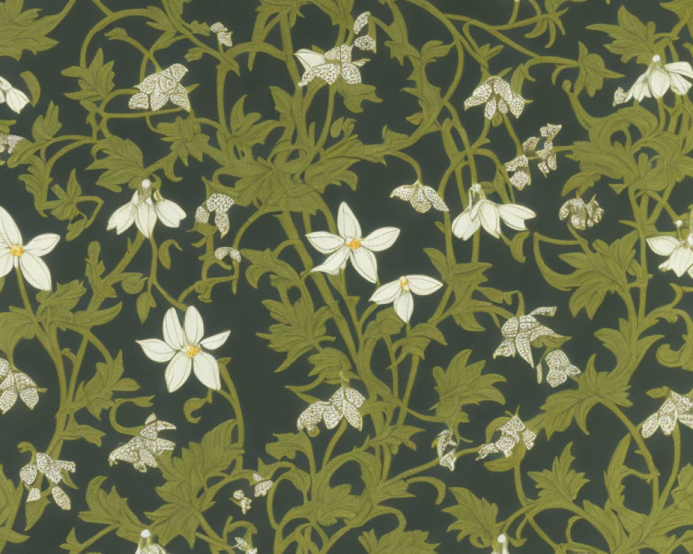 Green and white floral pattern on dark green background