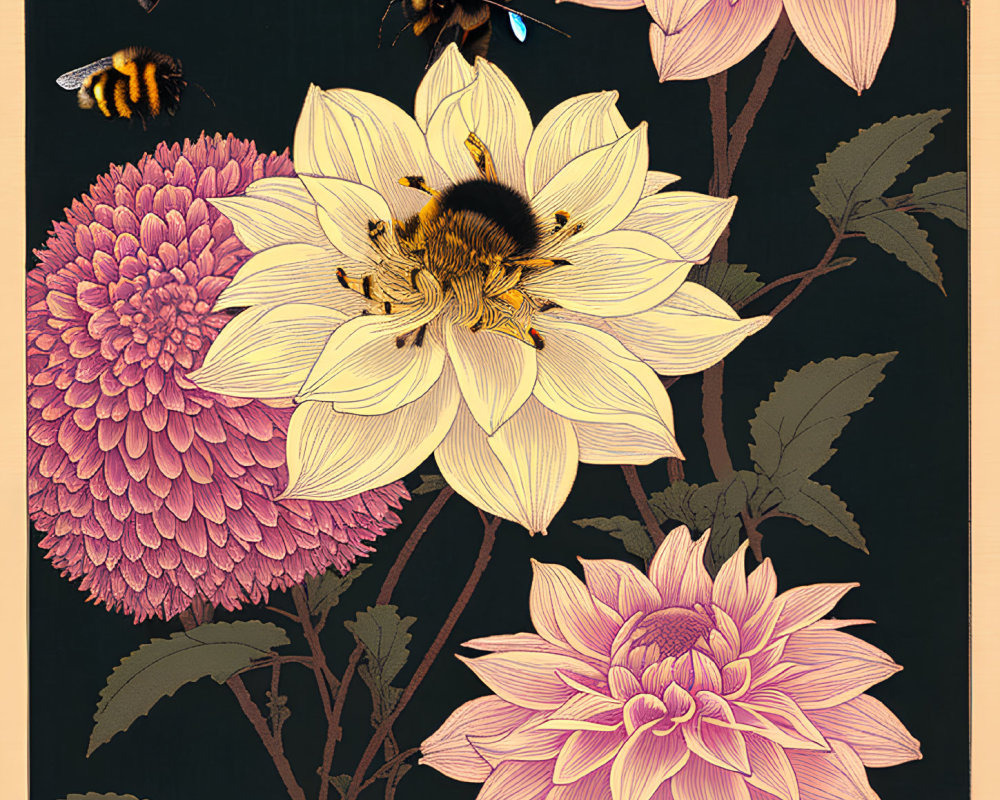 Detailed Pink Blooms and Bees Illustration on Dark Background