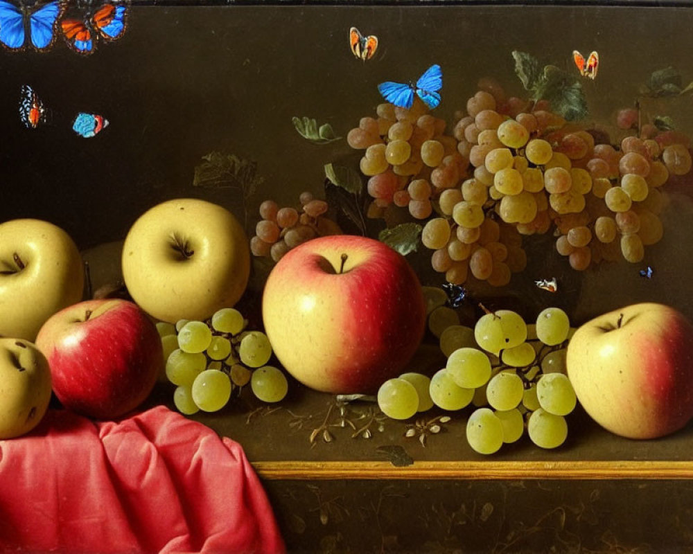 Classic still life painting: ripe apples, green grapes, red cloth, and butterflies on dark backdrop