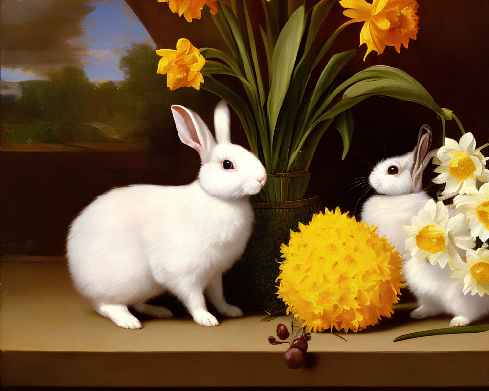 Still life painting: daffodils, rabbits, chestnuts on wooden surface