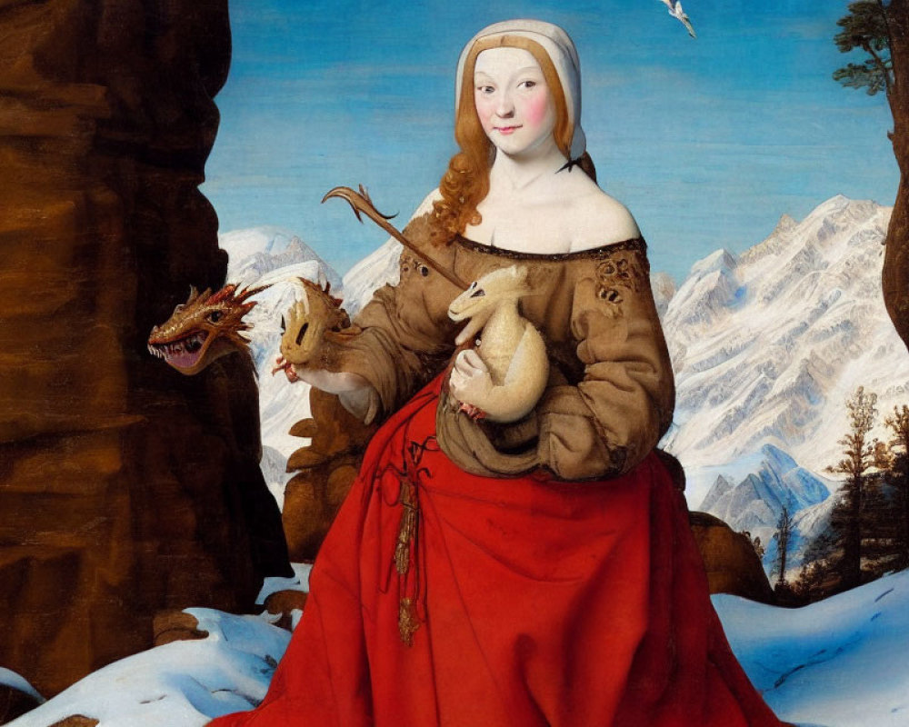 Woman in red dress with dragon and rabbit in alpine setting.