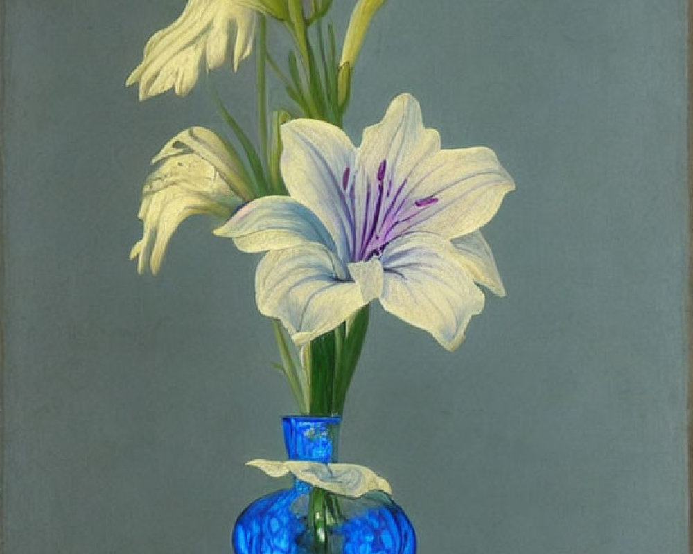 Blue vase with lilies, lemons, and white sphere on tabletop