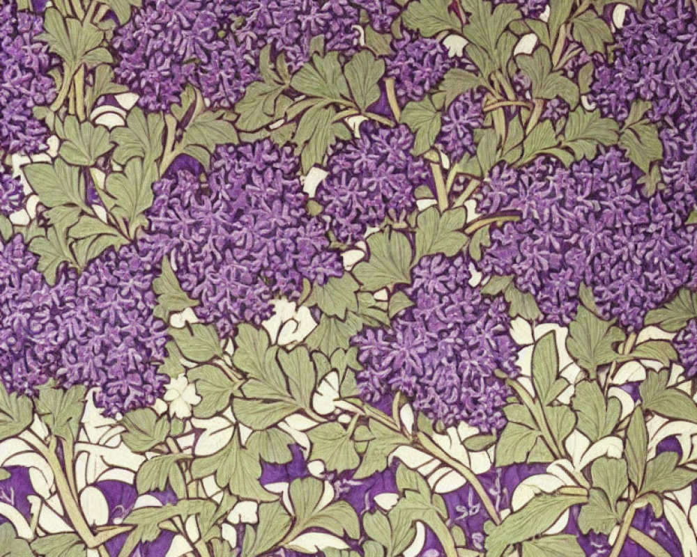 Detailed purple lilacs and green leaves pattern on vintage-style background