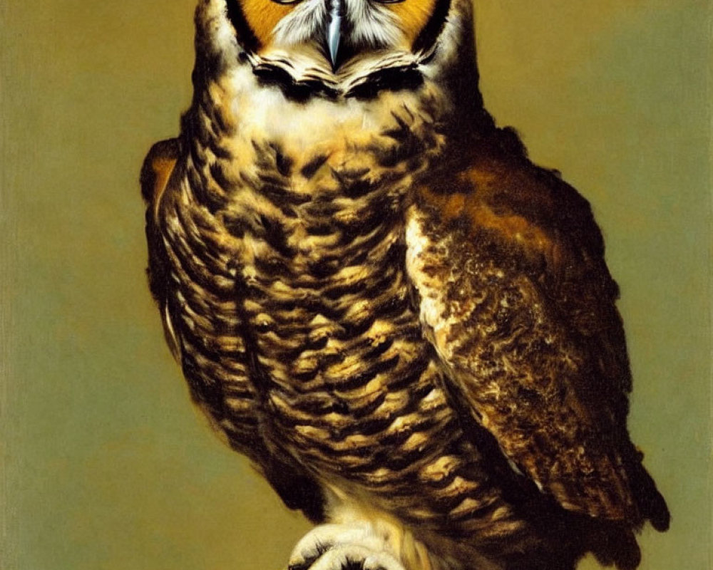 Detailed Realistic Painting of Great Horned Owl Perched