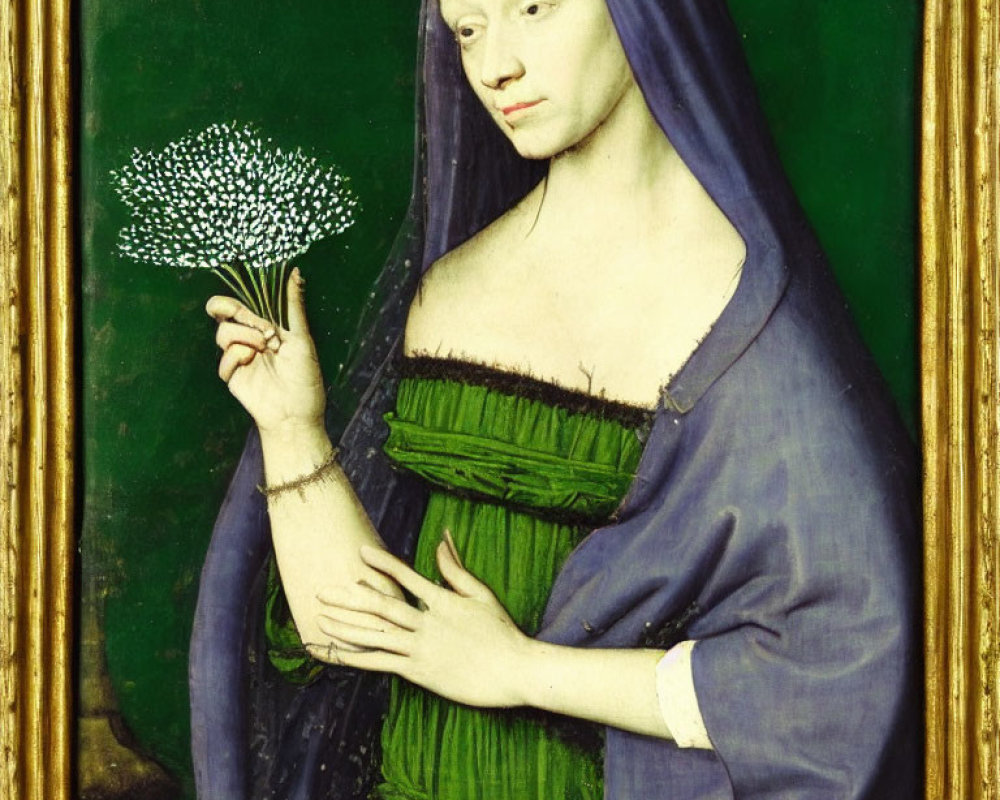 Medieval painting: Woman in blue headscarf, green dress, holding white flowers.