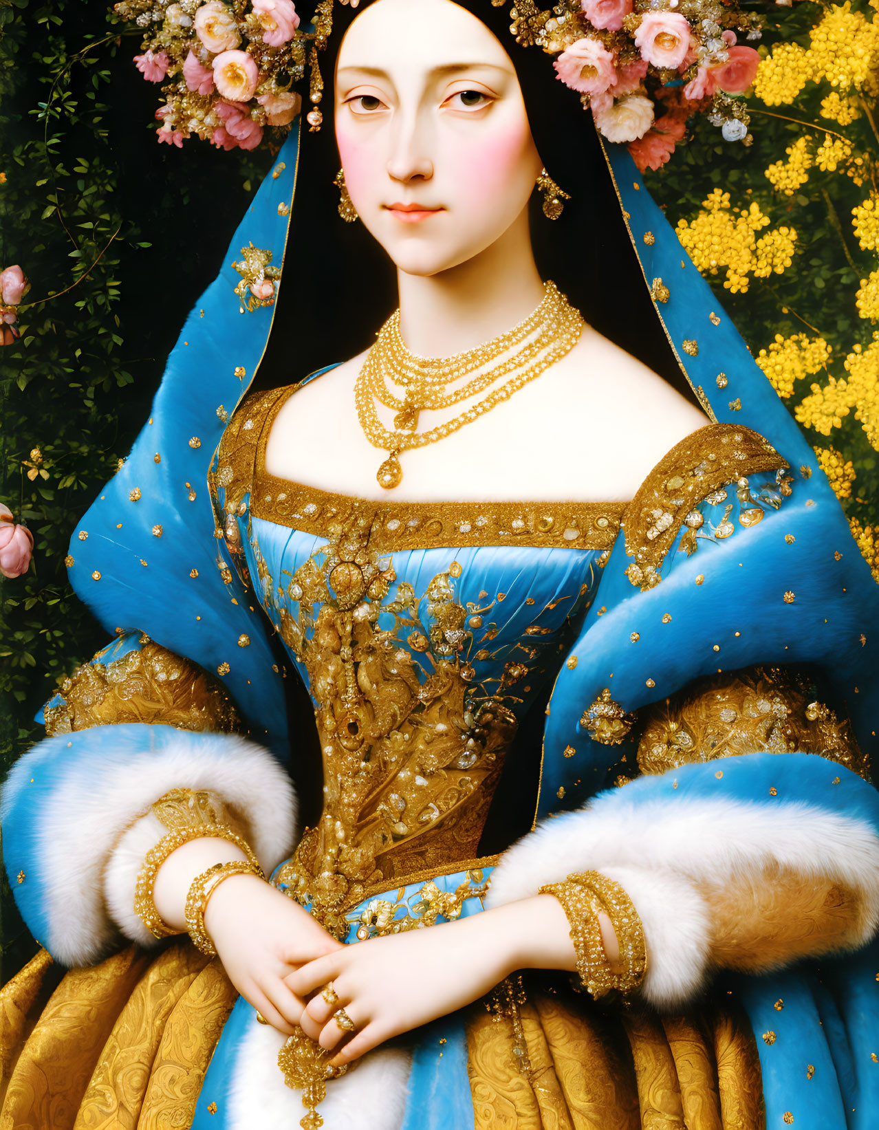 Renaissance-style painting of woman in blue and gold dress with floral backdrop