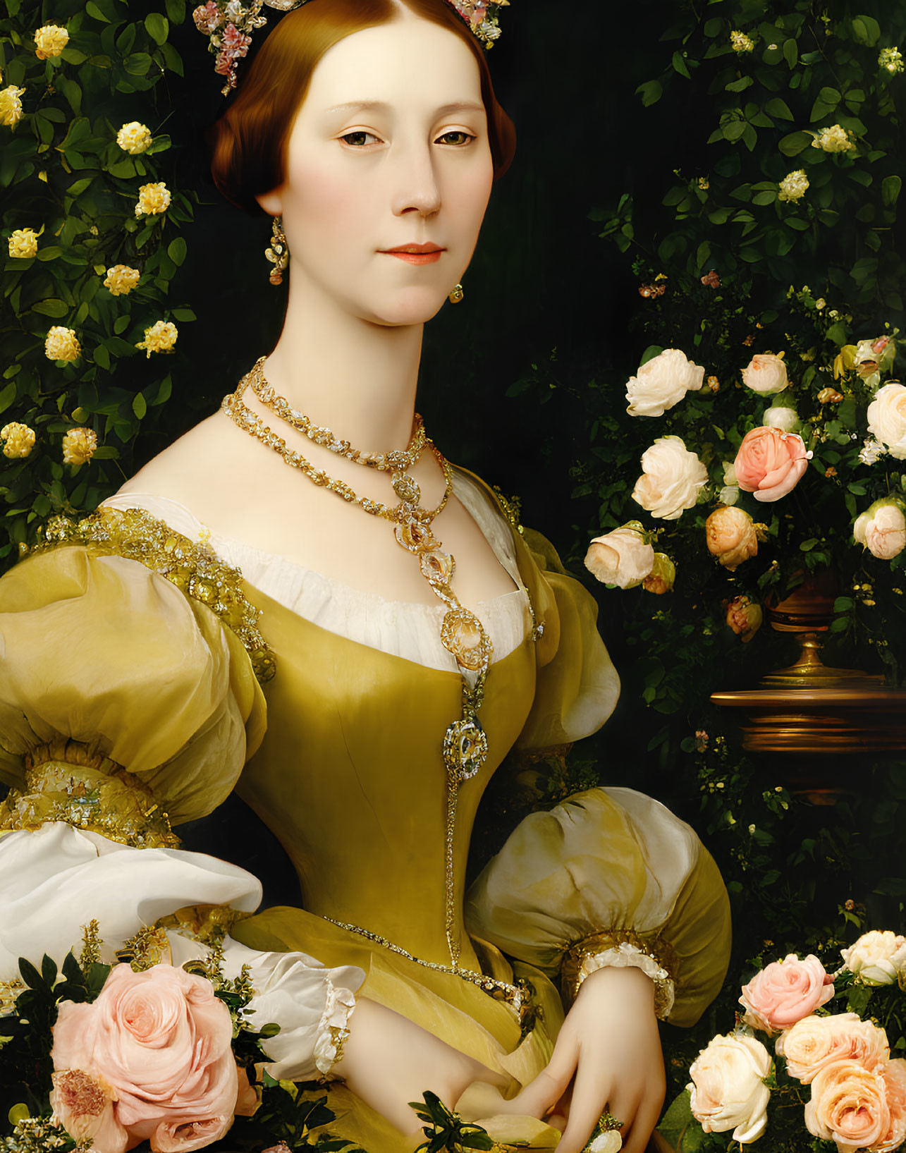 Portrait of woman in yellow 19th-century gown with gold jewelry among roses