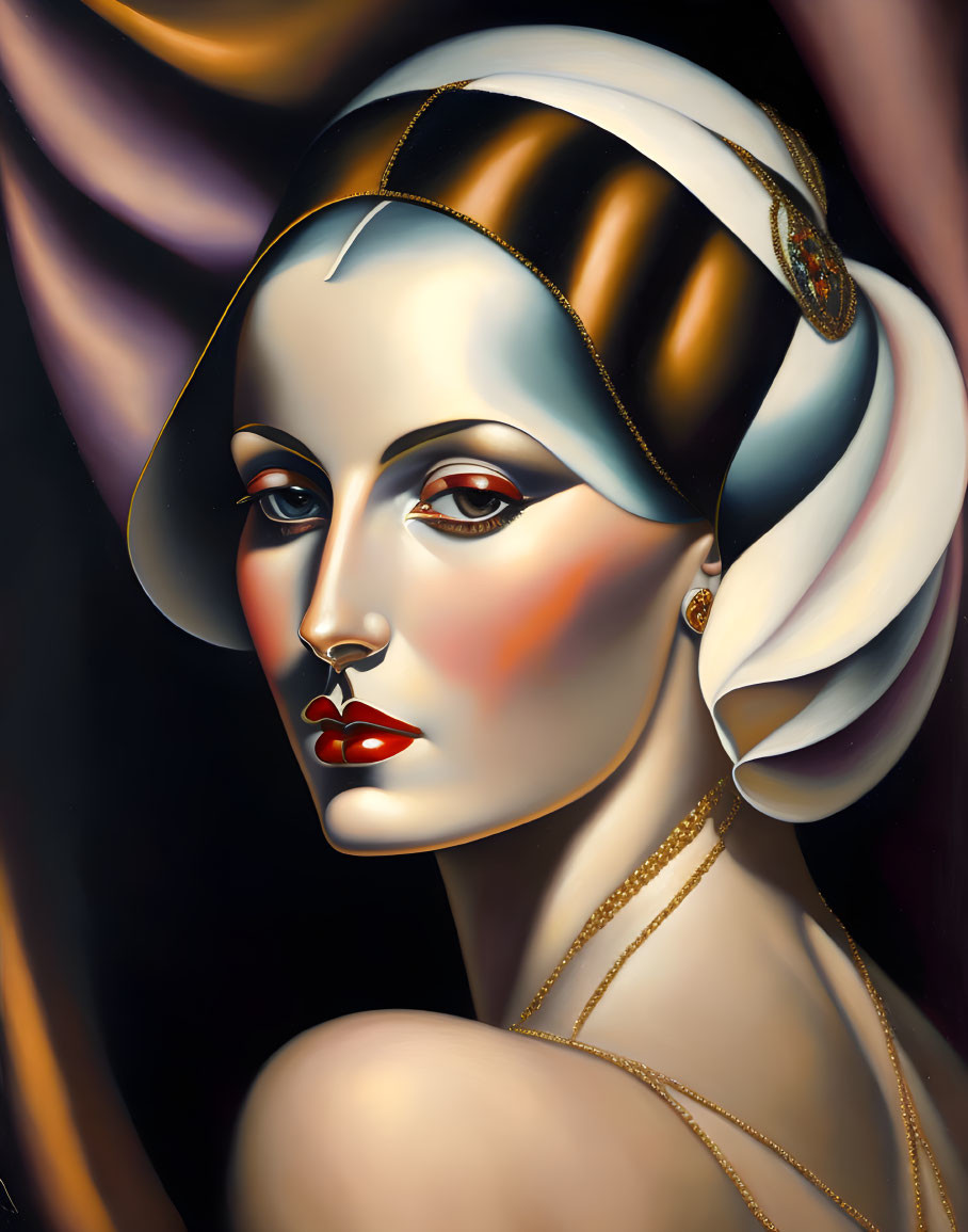 Portrait of woman with glossy red lips, black and white turban, golden earrings, and elegant demeanor