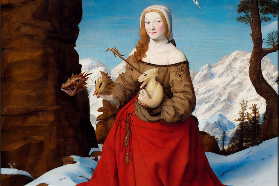 Woman in red dress with dragon and rabbit in alpine setting.