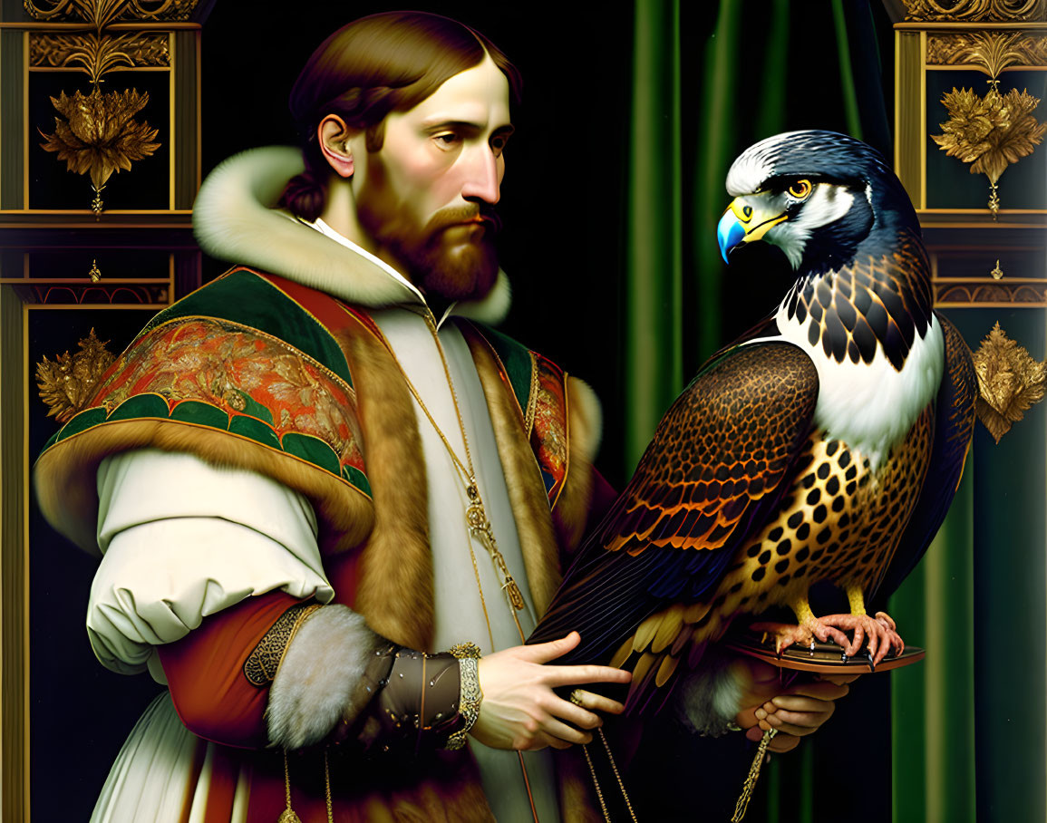 Renaissance-style portrait of man with beard holding falcon