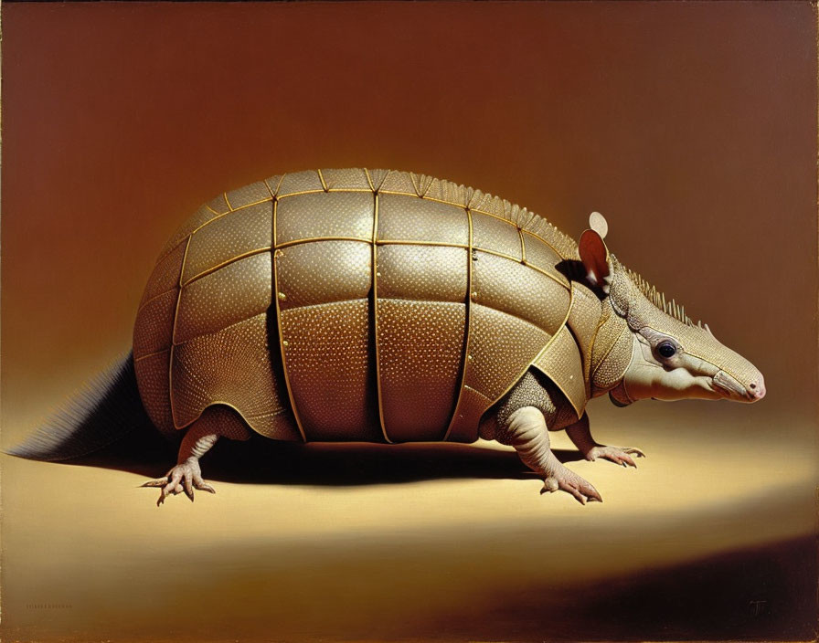 Detailed Armadillo Illustration with Pronounced Body Segments on Soft Brown Background