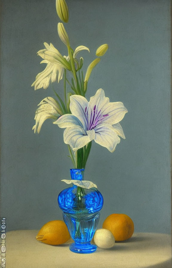 Blue vase with lilies, lemons, and white sphere on tabletop