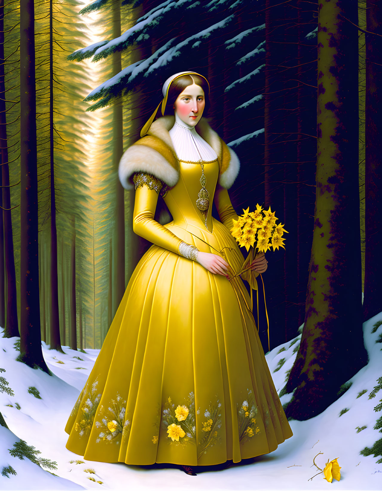 Historical woman in golden gown with yellow flowers in snowy forest