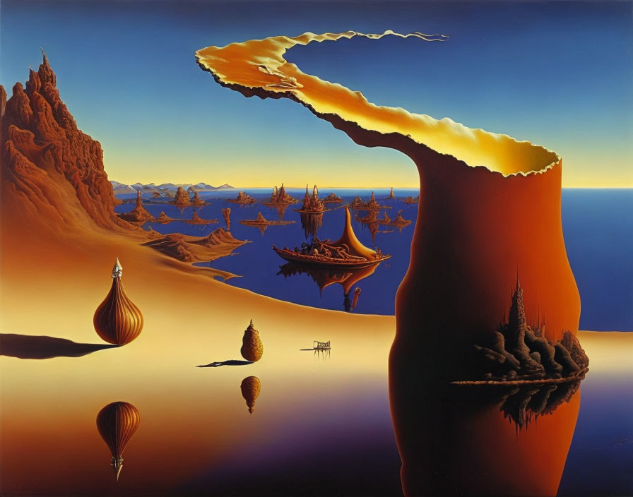 Surreal landscape with floating ships and golden headland under sunset sky