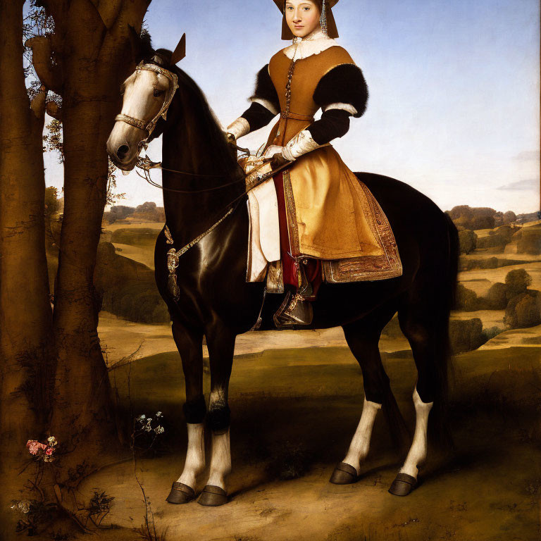 Tudor-era woman on horse in serene landscape