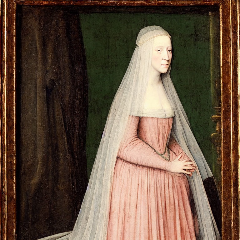 Portrait of woman in pink dress with white headdress and veil, hands clasped