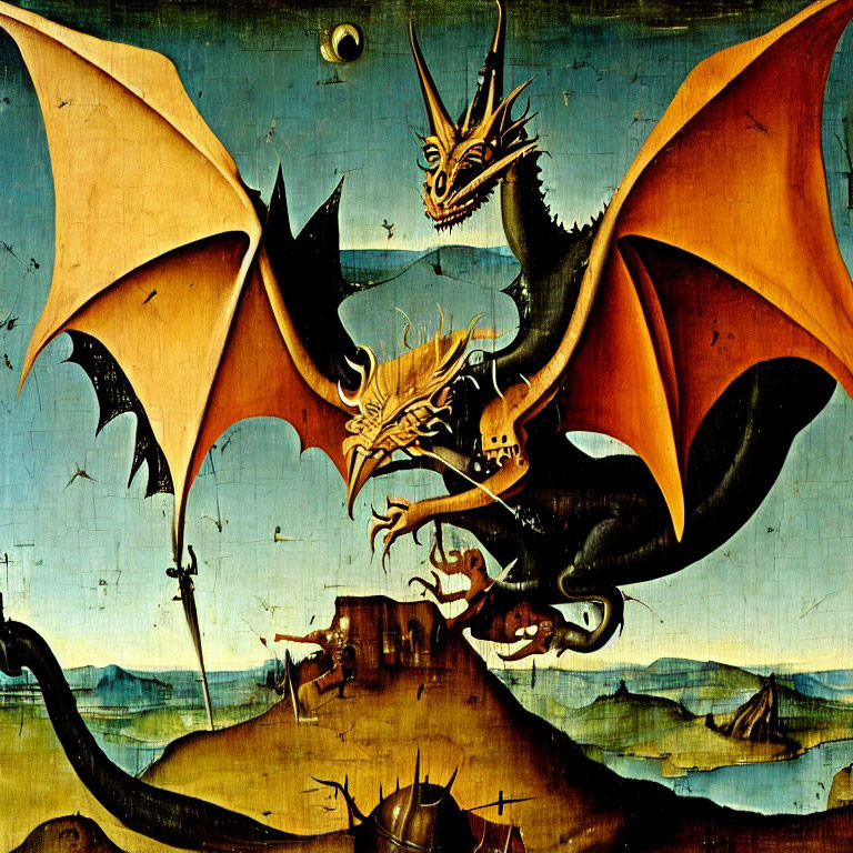 Medieval-style painting of a dragon breathing fire on a rocky outcrop.