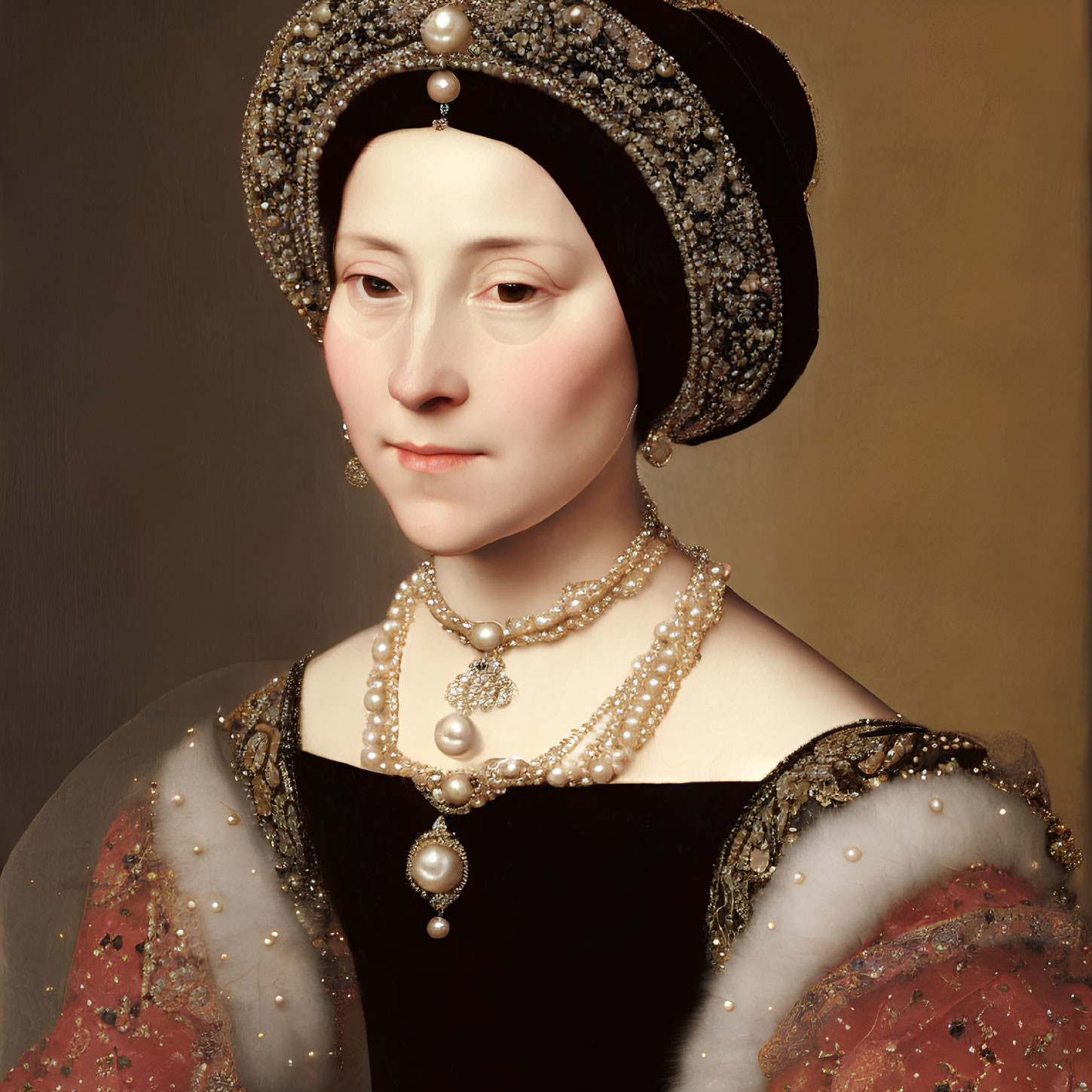 Renaissance woman portrait in pearl headdress and red sleeves