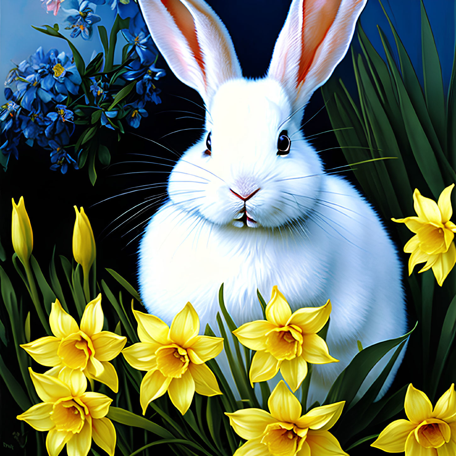 White Rabbit Surrounded by Yellow and Blue Flowers on Dark Background