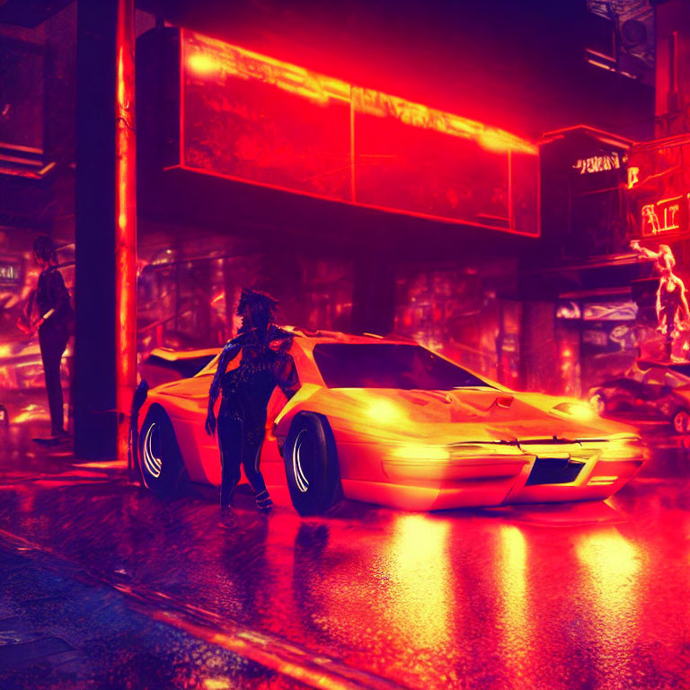 Futuristic yellow car in neon-lit, rainy city street at night