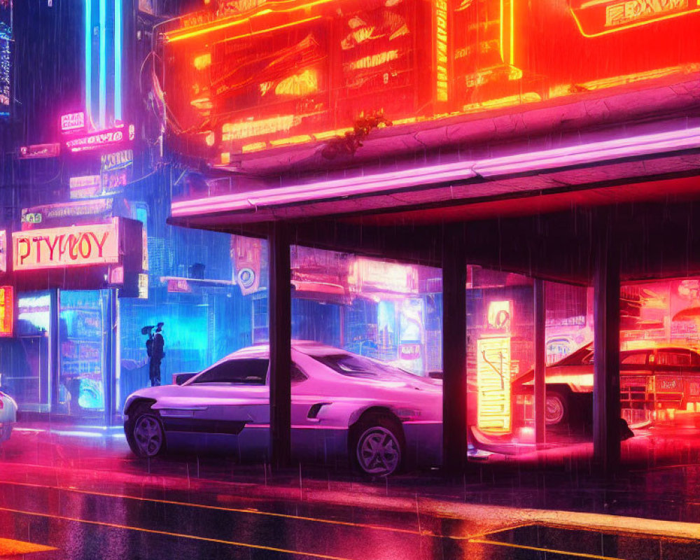 Futuristic neon-lit street scene with rain, silhouette of person, sleek car, and cyber