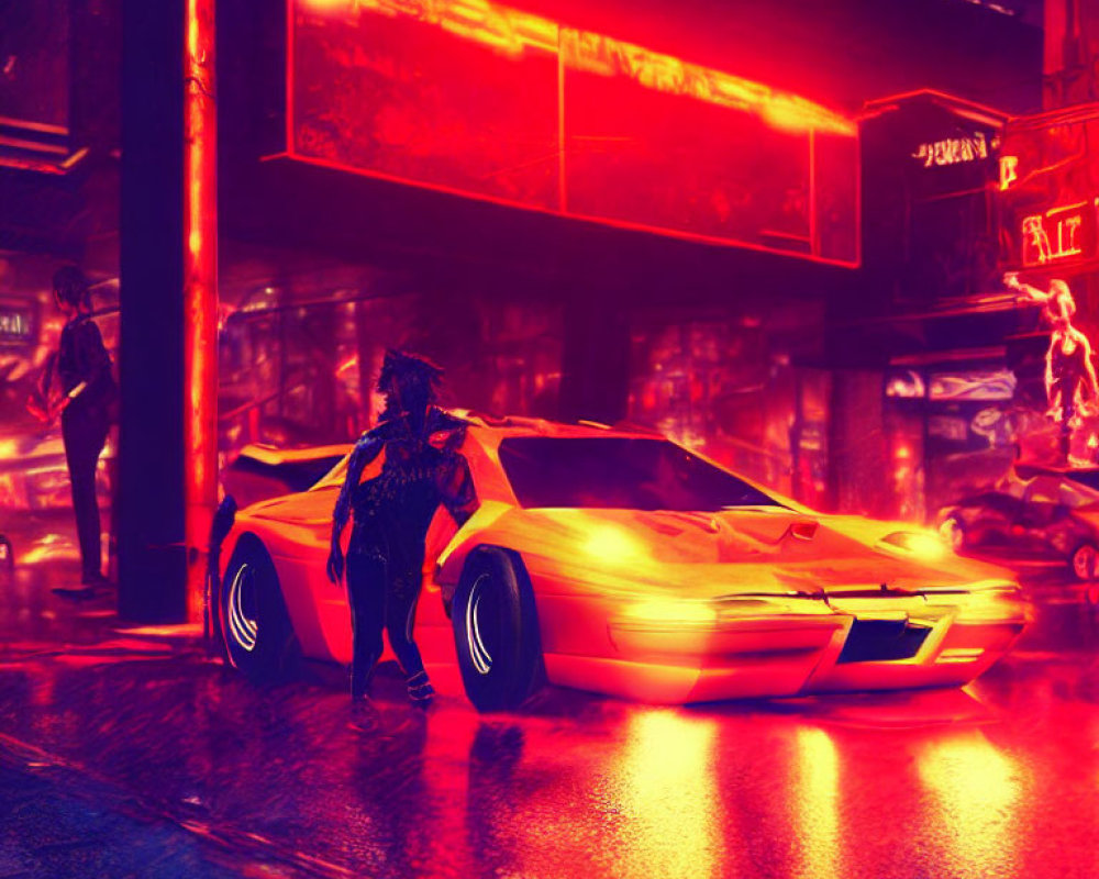 Futuristic yellow car in neon-lit, rainy city street at night