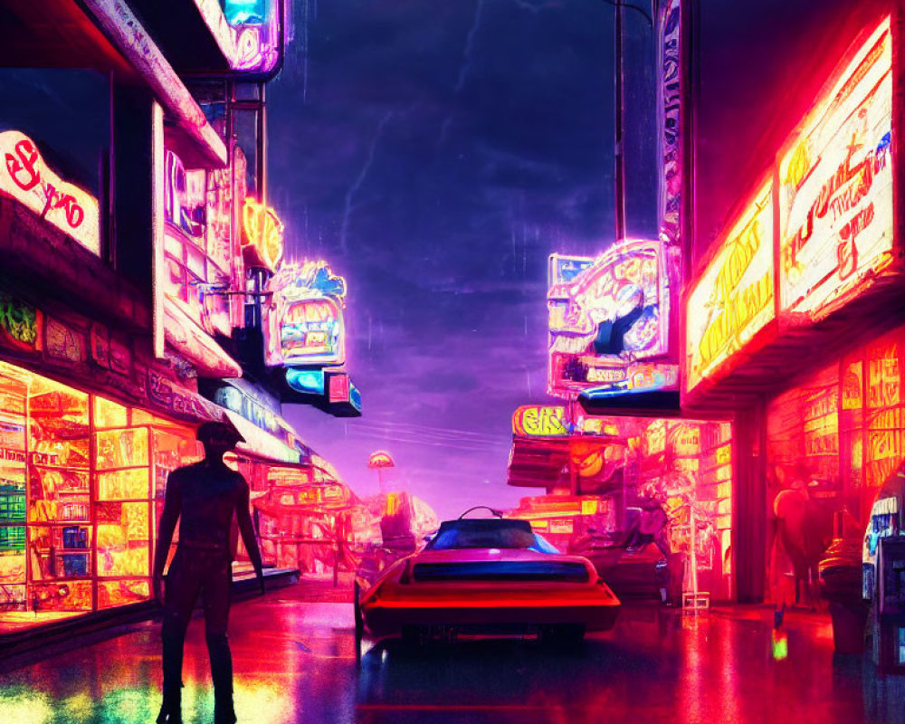 Neon-lit cityscape with silhouette, futuristic car, and purple sky