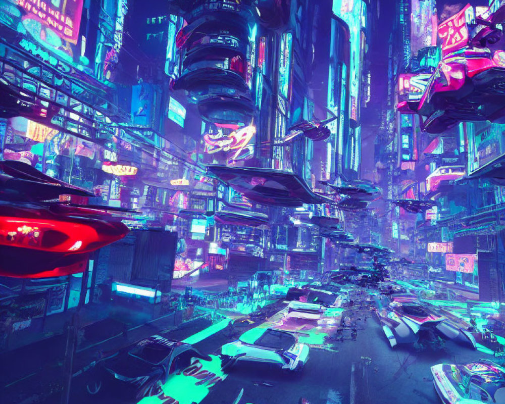 Futuristic neon-lit cityscape with flying cars and skyscrapers